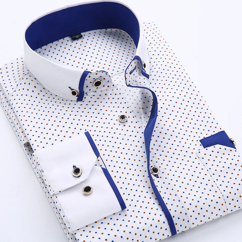 Nova moda imprimir casual camisa de manga comprida costura bolso design tecido macio confortável vestido masculino fino ajuste roupas