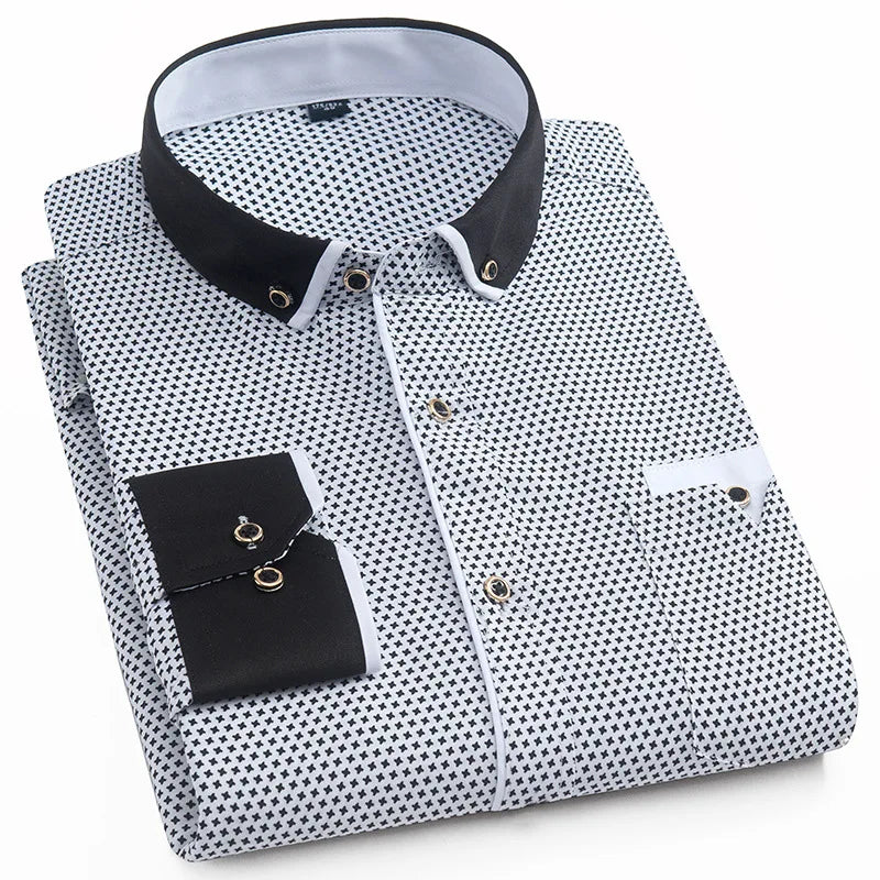 Nova moda imprimir casual camisa de manga comprida costura bolso design tecido macio confortável vestido masculino fino ajuste roupas