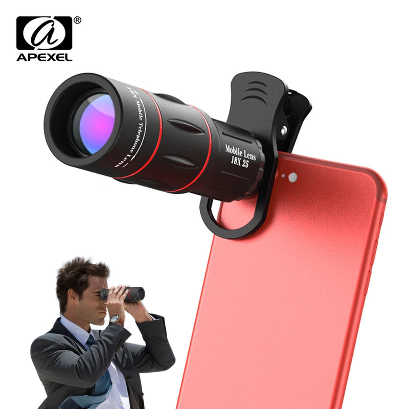 Apexel-lente monocular universal, zoom de 18x25, lente hd óptica para telefone celular, observação da pesquisa, 18x, com tripé para smartphone