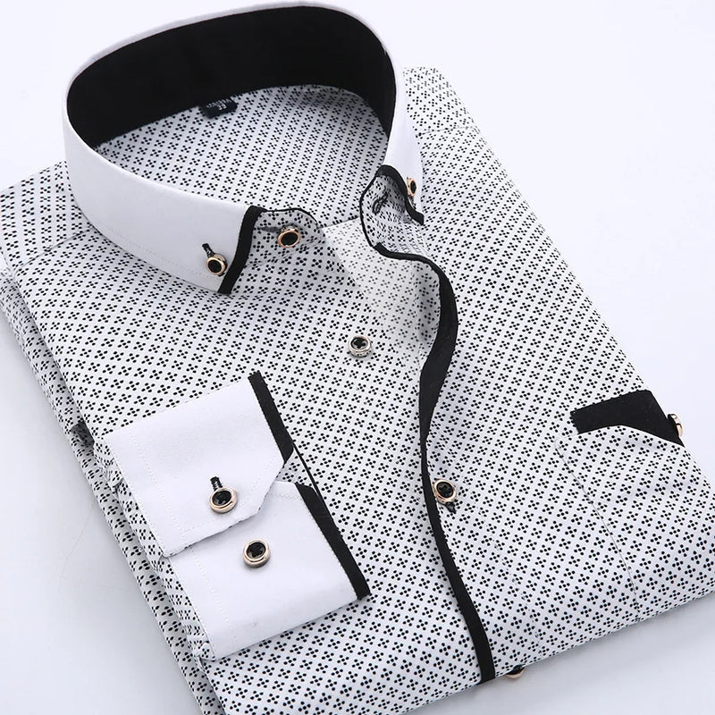 Nova moda imprimir casual camisa de manga comprida costura bolso design tecido macio confortável vestido masculino fino ajuste roupas