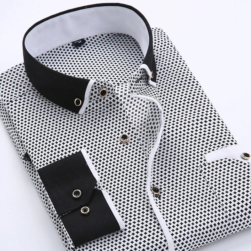 Nova moda imprimir casual camisa de manga comprida costura bolso design tecido macio confortável vestido masculino fino ajuste roupas