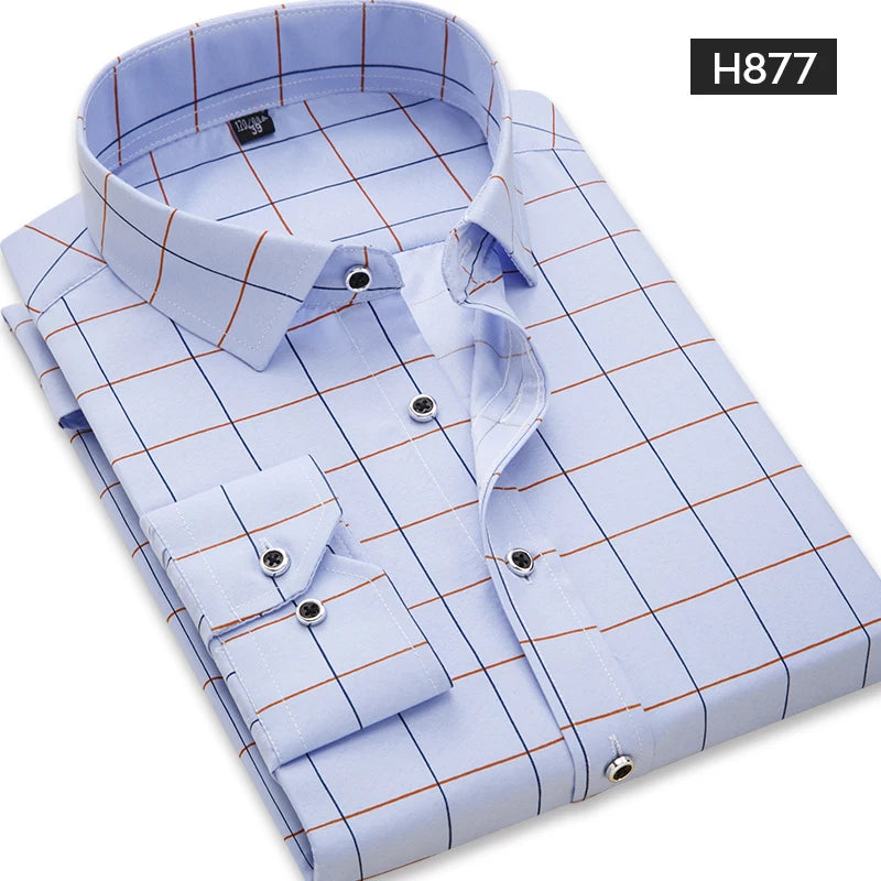 Camisa xadrez manga longa dos homens, vestido slim fit, marca de roupa masculina, primavera, verão, M-5XL