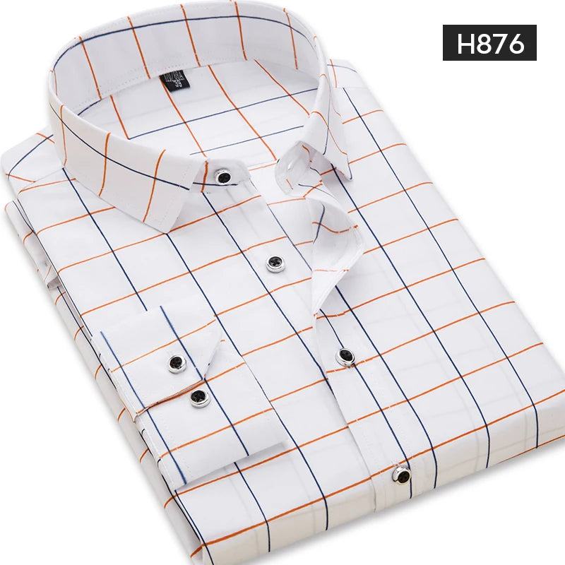 Camisa xadrez manga longa dos homens, vestido slim fit, marca de roupa masculina, primavera, verão, M-5XL