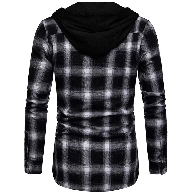 Camisa de algodão xadrez casual masculina, pulôver de manga comprida, blusa com capuz, alta qualidade, outono, inverno, moda