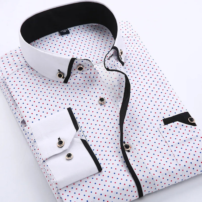 Nova moda imprimir casual camisa de manga comprida costura bolso design tecido macio confortável vestido masculino fino ajuste roupas