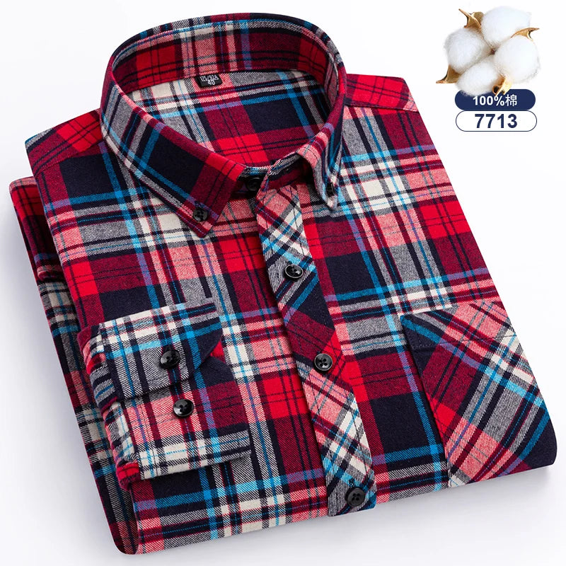 7XL 8XL Plaid Shirts For Men's Long Sleeve Cotton Fashion Single Patch Pocket Design  Casual Standard-Fit Thick Flannel Shirt