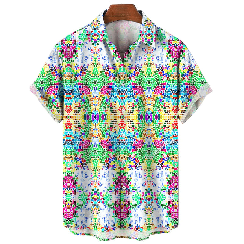 Camisa xadrez colorida masculina arco-íris havaiana, moda 3D extragrande, manga curta casual, roupa de praia de botão simples, verão