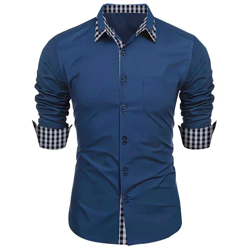 Camisa dupla de manga comprida masculina, monocromática, solta, clássica, havaiana, de negócios, escritório, 11 cores, 6XL, novo