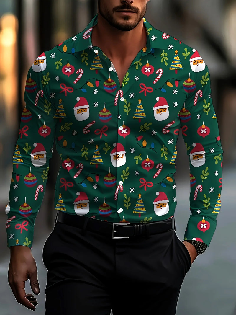 Tema do festival de natal masculino 3d impresso camisas formais árvore de natal papai noel gráfico camisa de manga longa moda masculina