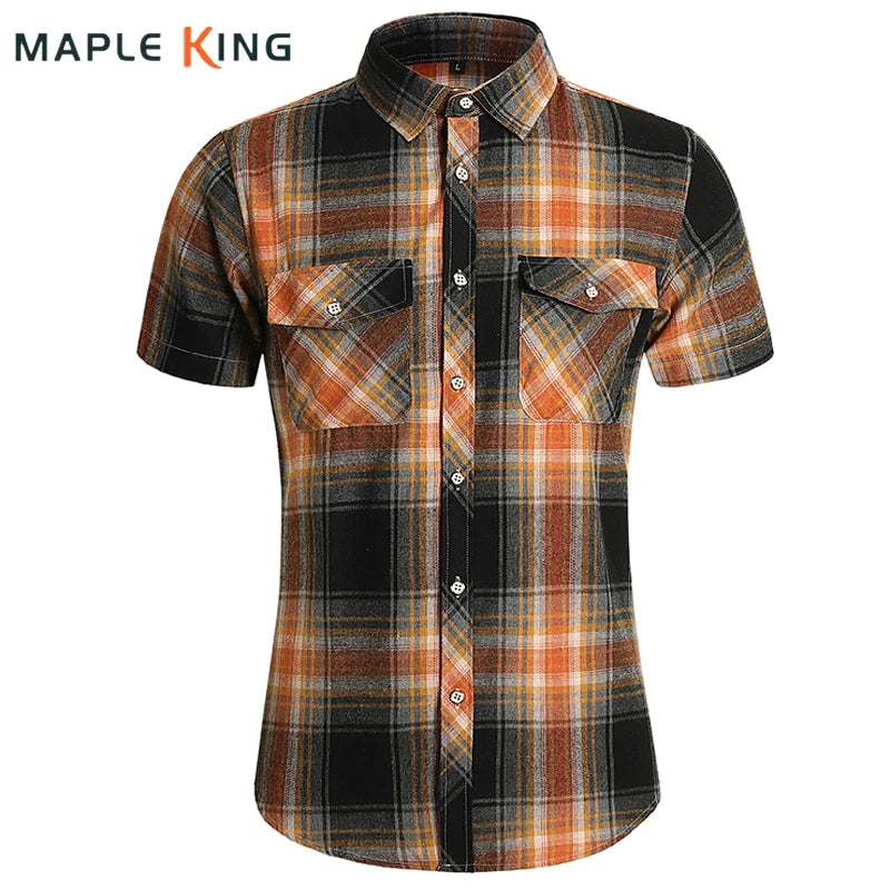 Camisa xadrez masculina com botões, manga curta, casual, tops 7xl, vinatge, verão, bolso duplo, roupas de grife, camisas de trabalho