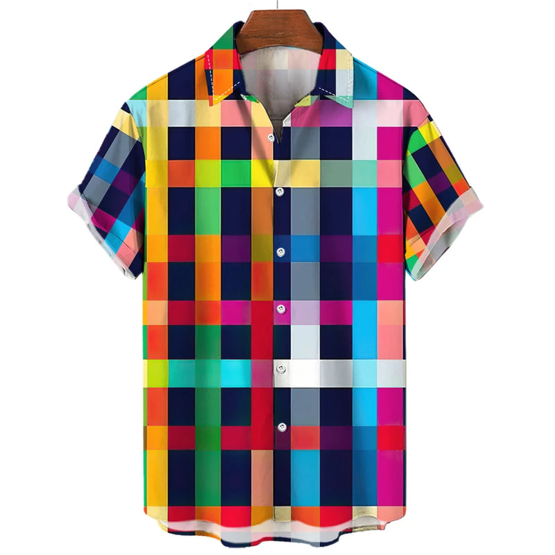 Camisa xadrez colorida masculina arco-íris havaiana, moda 3D extragrande, manga curta casual, roupa de praia de botão simples, verão