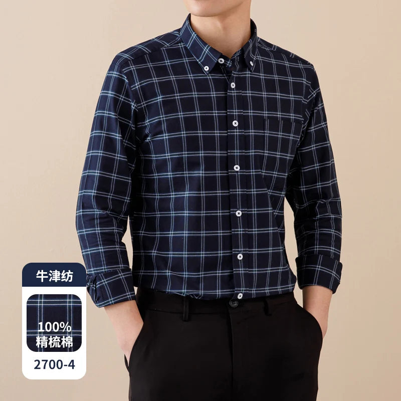 Camisa Oxford de manga comprida masculina, 100% algodão, quadriculada listrada, Oxford, remendo frontal, bolso no peito, abotoado, Versátil, Casual