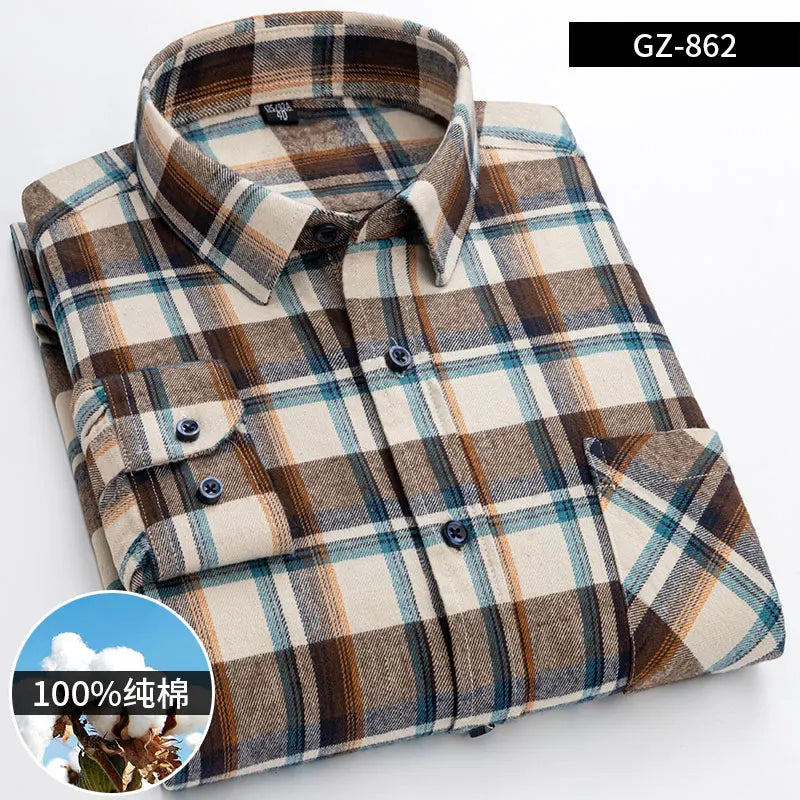 Moda masculina 100% algodão grosso escovado flanela camisas único remendo bolso manga longa padrão-ajuste xadrez xadrez xadrez camisa casual