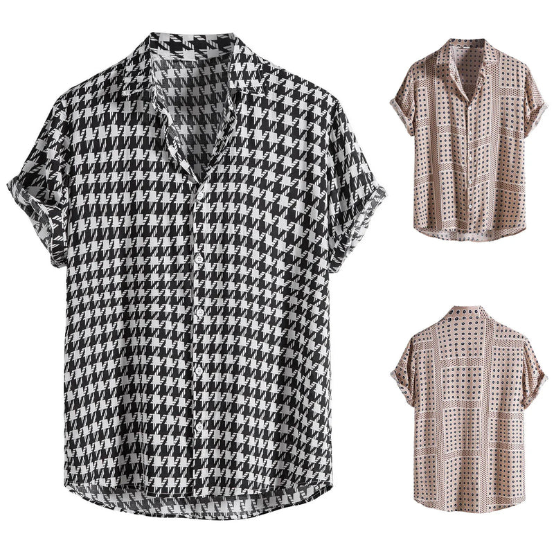 Blusa casual de manga curta masculina solta, camisa xadrez houndstooth masculina, blusa havaiana de praia de botão, verão 2024