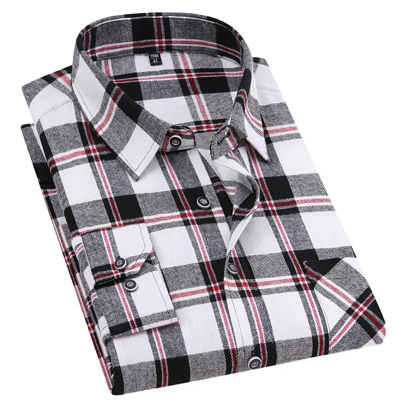 Camisa xadrez de manga longa masculina, 100% puro algodão, flanela, macia, regular-fit, escovada, bolso único, confortável, casual, S-8XL