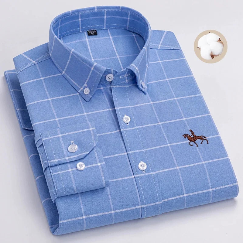 Camisa Oxford Spinning Masculina de Manga Longa, 100% Algodão Puro, Bolso Bordado, Slim Fit, Estilo de Botões, Soft Med, Negócios, Lazer, S-7XL