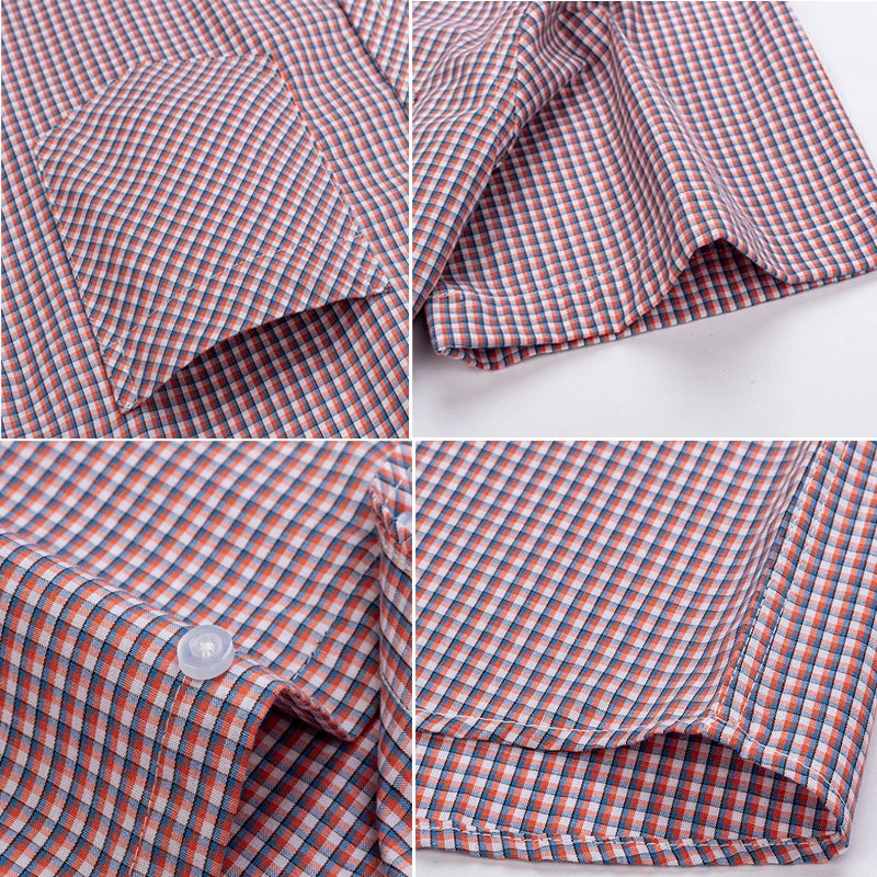 Camisa xadrez de algodão manga curta masculina, design de bolso único, casual jovem, ajuste padrão, elegante