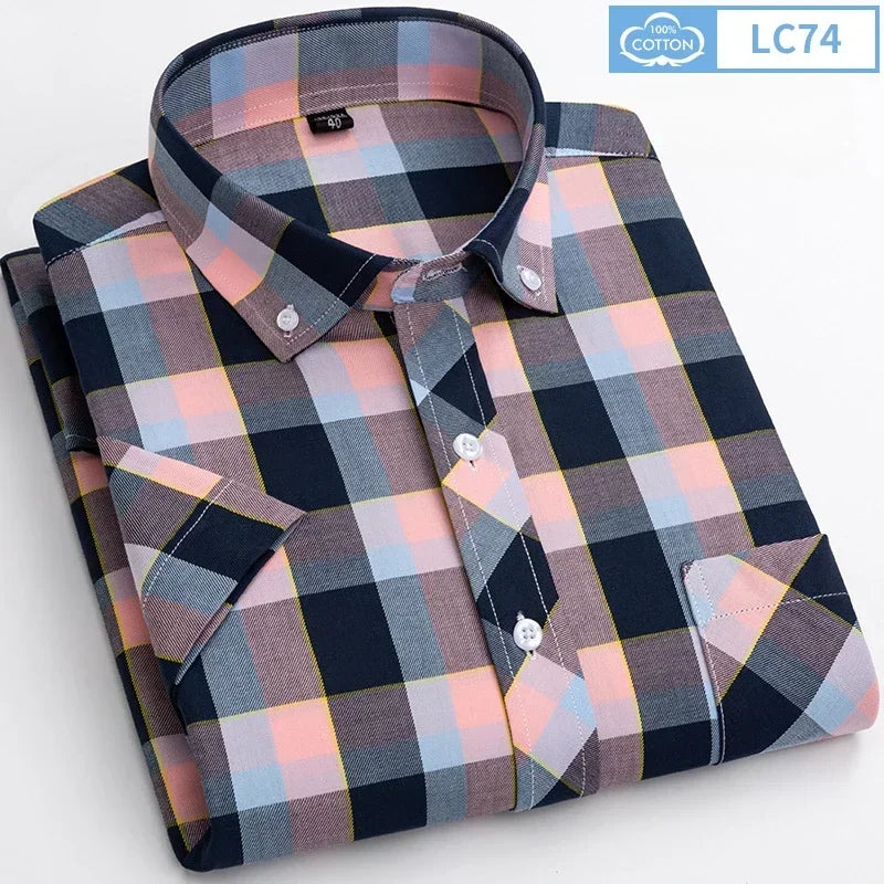 Camisas de manga curta masculina, slim fit, camisa casual lisa, xadrez fino, tops macios havaianos, roupas populares, 100% algodão, verão