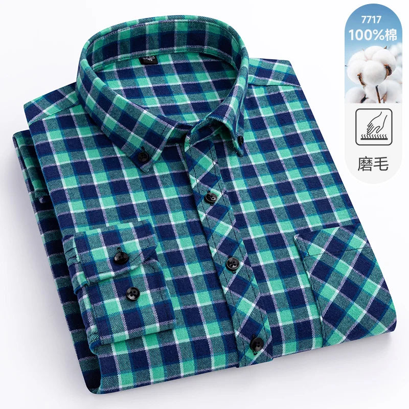 Camisa xadrez de manga longa masculina, 100% puro algodão, flanela, macia, regular-fit, escovada, bolso único, confortável, casual, S-8XL