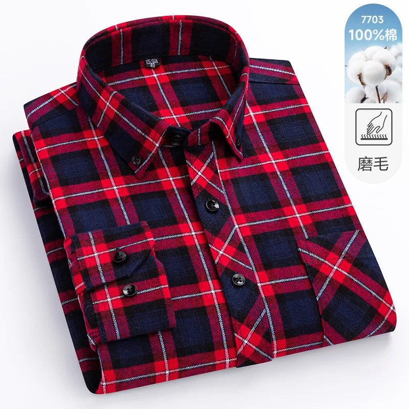 Camisa xadrez de manga longa masculina, 100% puro algodão, flanela, macia, regular-fit, escovada, bolso único, confortável, casual, S-8XL