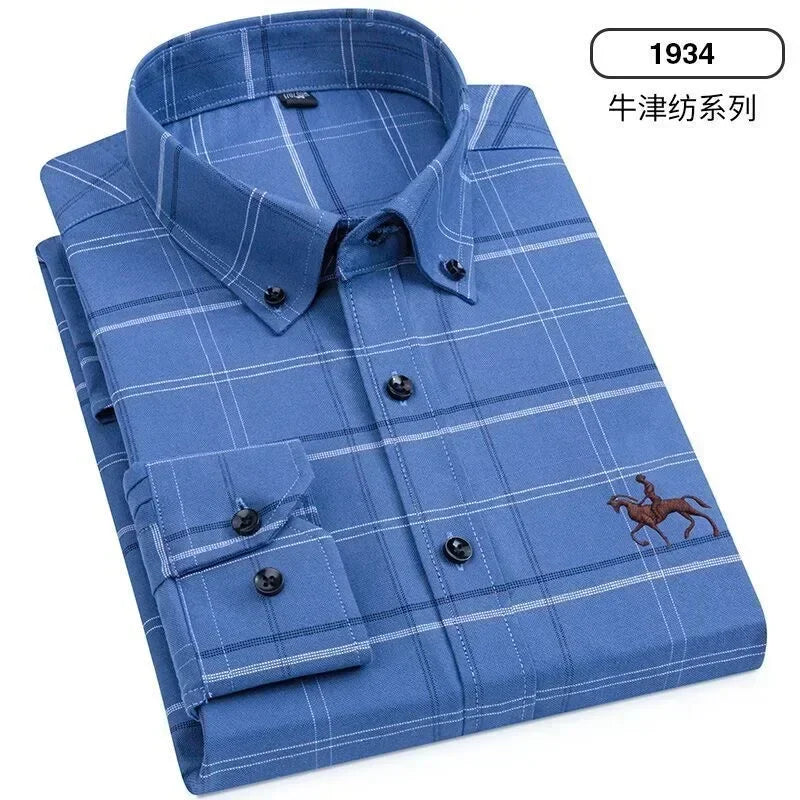 Camisa Oxford Spinning Masculina de Manga Longa, 100% Algodão Puro, Bolso Bordado, Slim Fit, Estilo de Botões, Soft Med, Negócios, Lazer, S-7XL