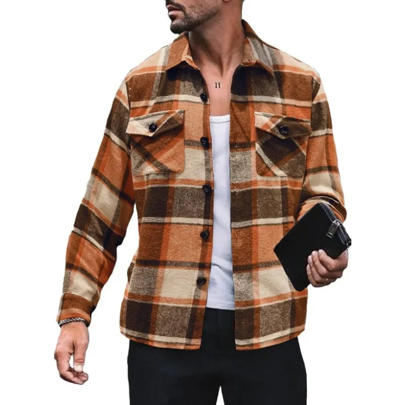 Camisa de cardigã xadrez solta masculina, blusa de manga comprida, de peito único, gola virada para baixo, nova moda, primavera, outono