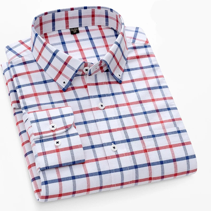 Camisa Oxford xadrez casual masculina, confortável, de algodão puro, com botões, ajuste regular, listrada, social, de alta qualidade