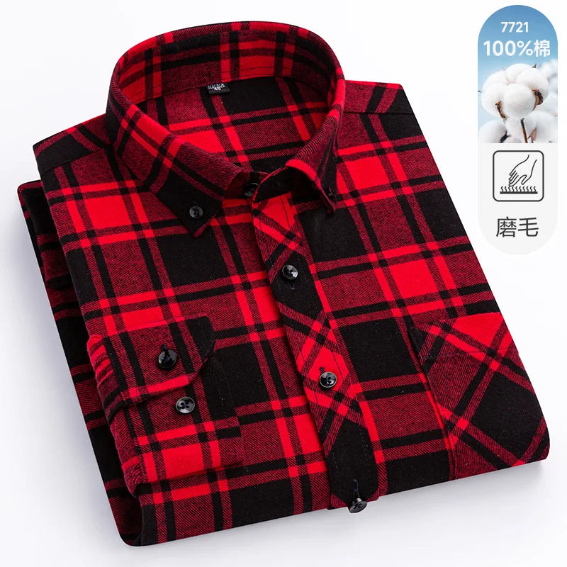 Camisa xadrez de manga longa masculina, 100% puro algodão, flanela, macia, regular-fit, escovada, bolso único, confortável, casual, S-8XL