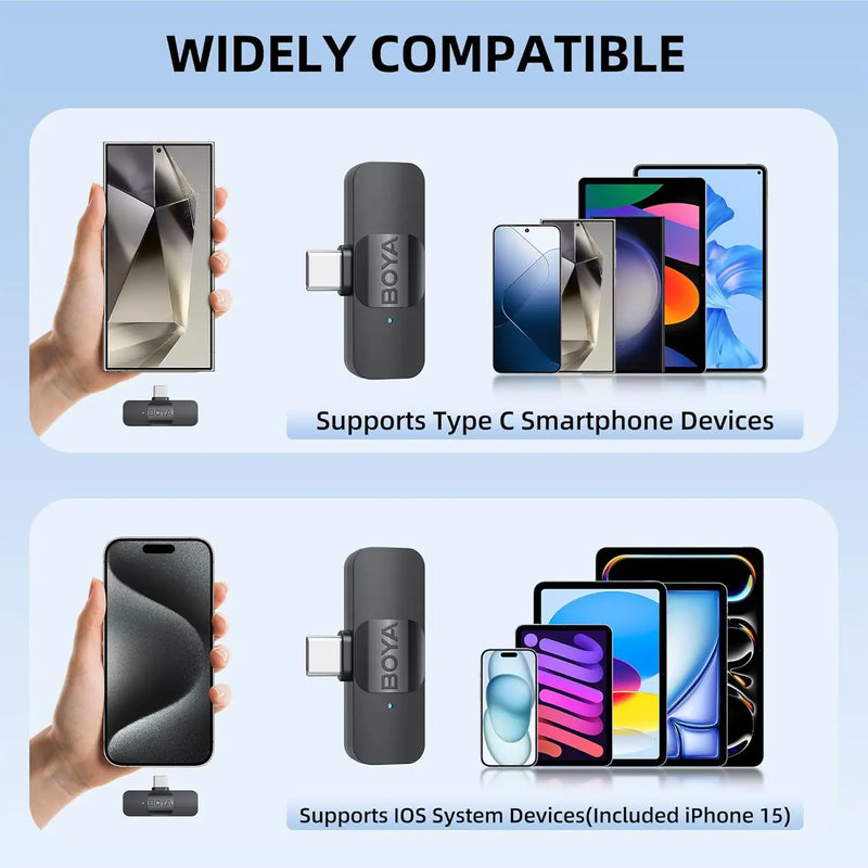 BOYA-Microfone de lapela sem fio, BY-V, iPhone, Android, SmartPhone, PC, Computador, USB-C Dispositivos, Streaming de Gravação do YouTube