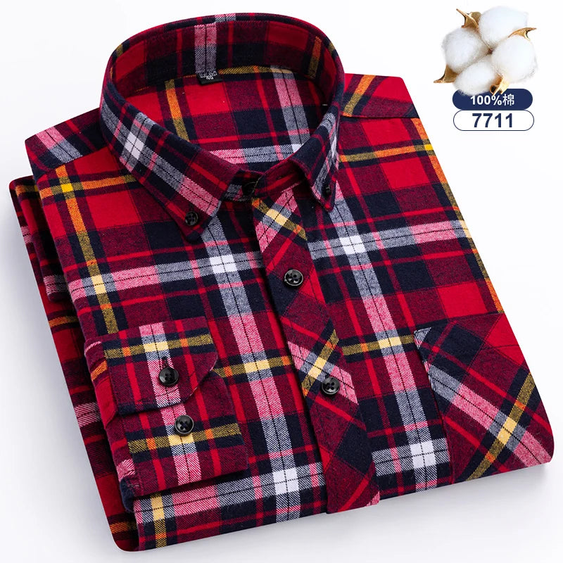 7XL 8XL Plaid Shirts For Men's Long Sleeve Cotton Fashion Single Patch Pocket Design  Casual Standard-Fit Thick Flannel Shirt