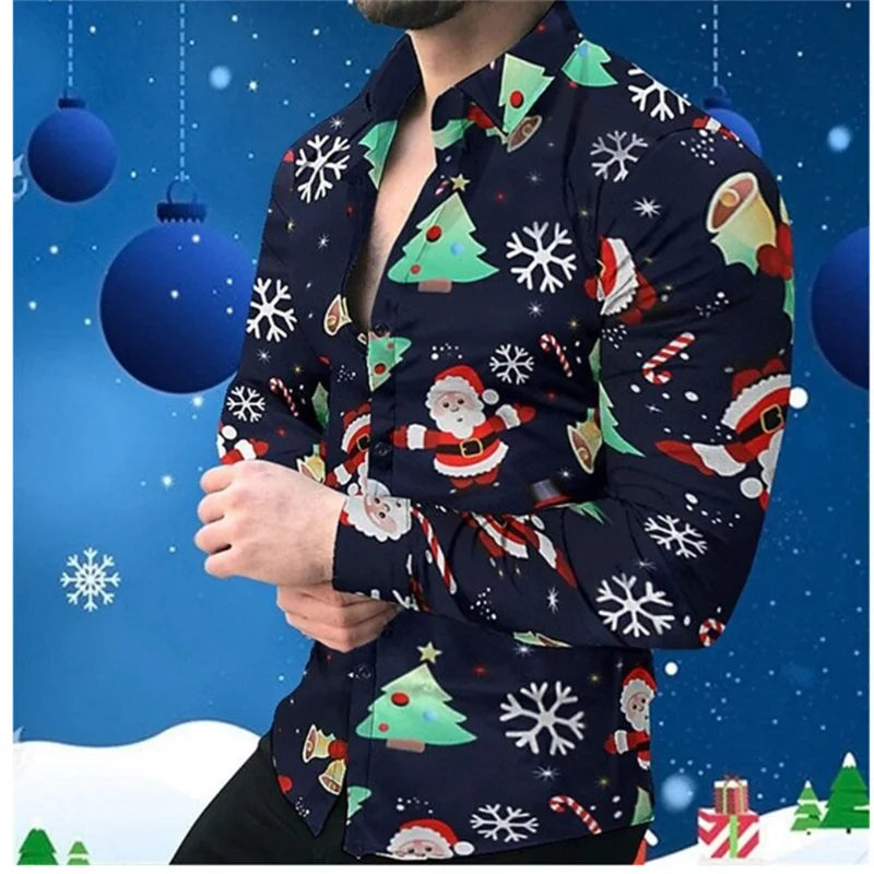 Camisa de Natal xadrez manga longa masculina, impressão 3D floco de neve, rua casual, lapela, roupa macia, design de moda, 6XL