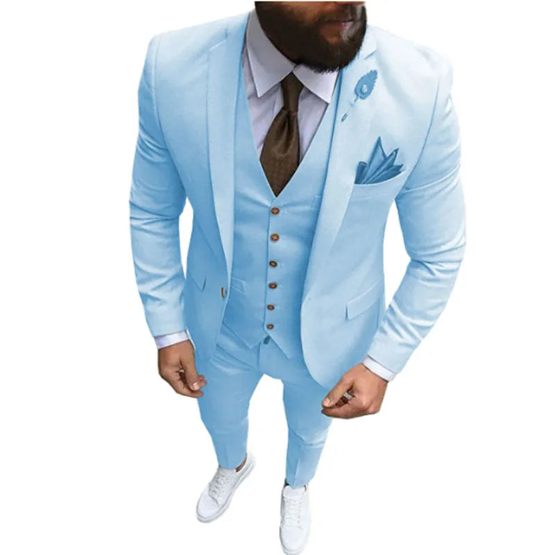 Ternos masculinos de 3 peças, slim fit, formal, casual, negócios, lapela champanhe, smoking formal para padrinhos de casamento (blazer + calça + colete)