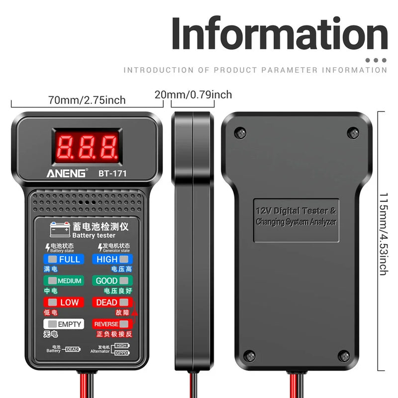 Testador de bateria digital lcd 12v, analisador de bateria automática, sistema de partida de carregamento, testador de bateria de carro, ferramentas de diagnóstico