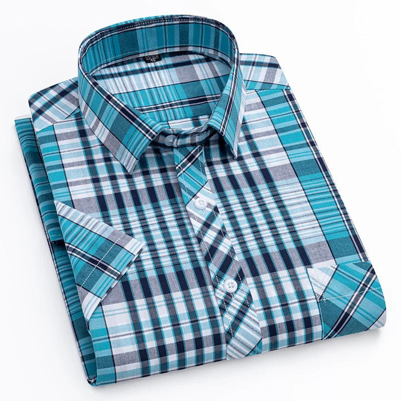 Camisa xadrez de algodão manga curta masculina, design de bolso único, casual jovem, ajuste padrão, elegante