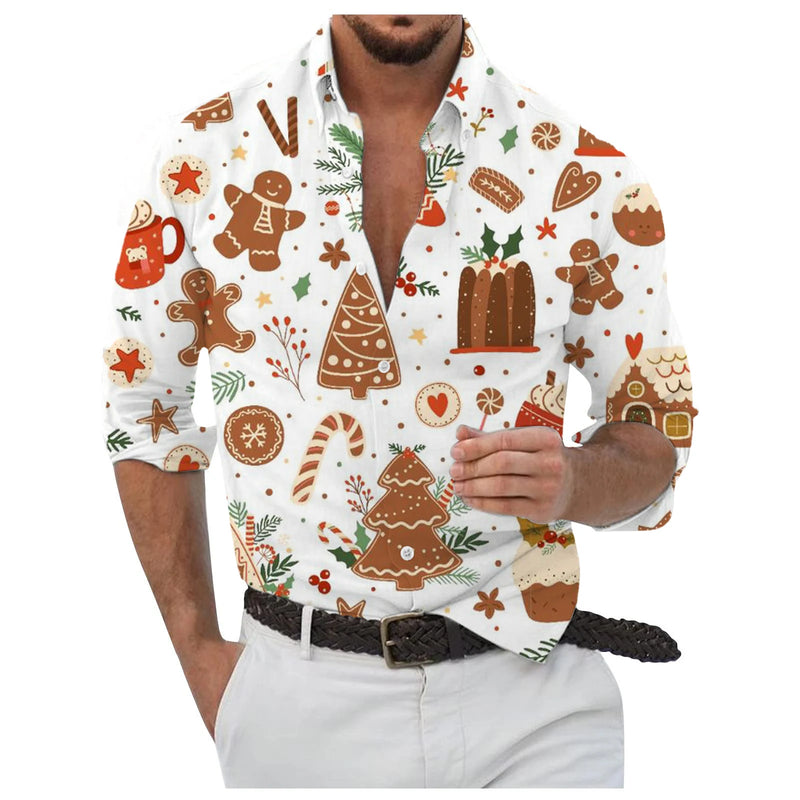 Flocos de neve dourados impressos em 3D masculino Camisa, Abotoados, Manga comprida, Ao ar livre, Colarinho, Roupas, Dia, Dia, 2024