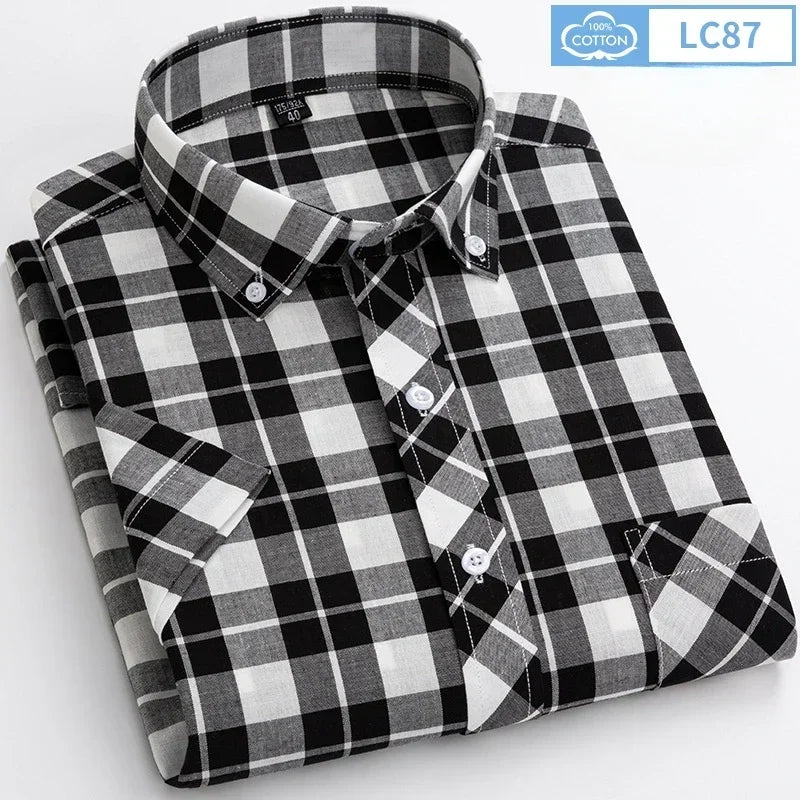 Camisas de manga curta masculina, slim fit, camisa casual lisa, xadrez fino, tops macios havaianos, roupas populares, 100% algodão, verão