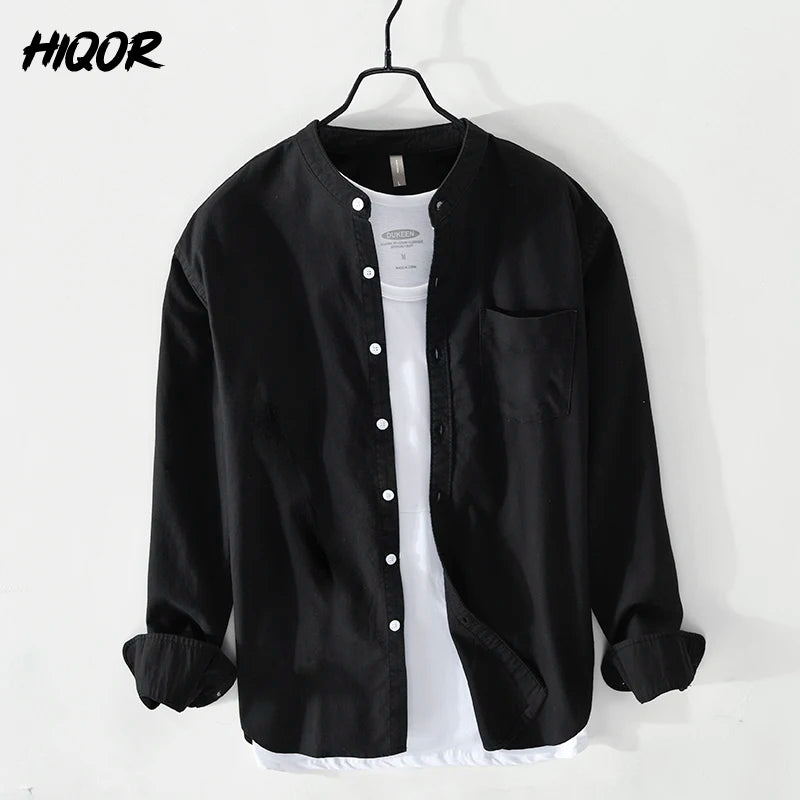 Hiqor camisa masculina 100% algodão all-match manga longa topos 2024 primavera verão camisas de cor sólida homem blusas casuais streetwear masculino