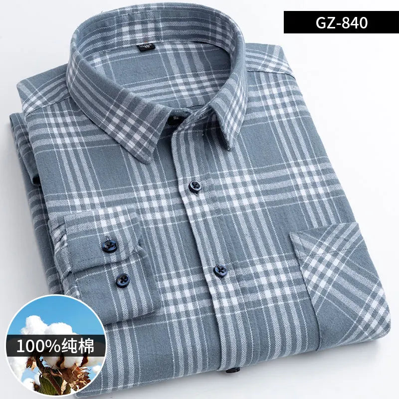 Moda masculina 100% algodão grosso escovado flanela camisas único remendo bolso manga longa padrão-ajuste xadrez xadrez xadrez camisa casual