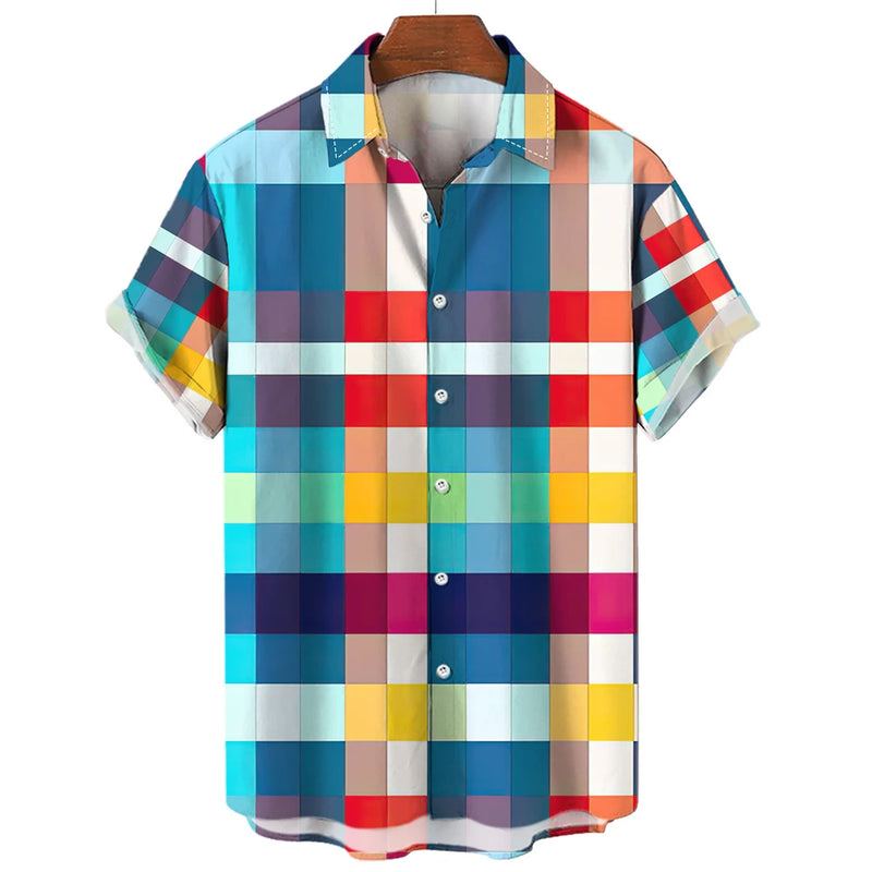 Camisa xadrez colorida masculina arco-íris havaiana, moda 3D extragrande, manga curta casual, roupa de praia de botão simples, verão