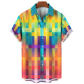 Camisa xadrez colorida masculina arco-íris havaiana, moda 3D extragrande, manga curta casual, roupa de praia de botão simples, verão