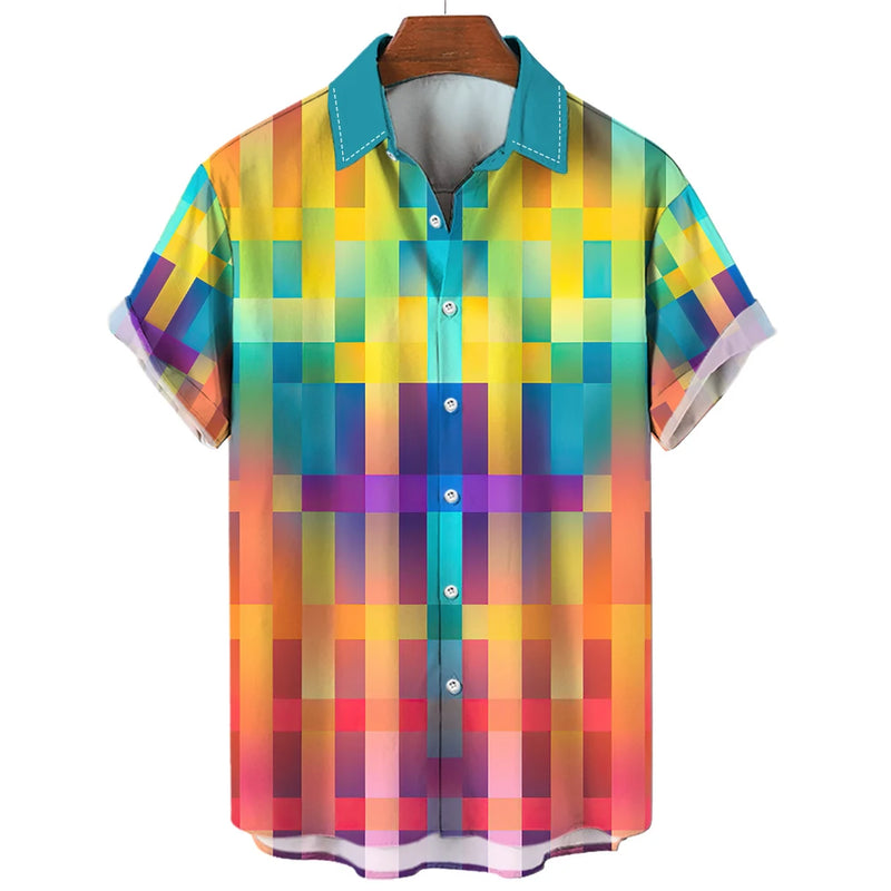 Camisa xadrez colorida masculina arco-íris havaiana, moda 3D extragrande, manga curta casual, roupa de praia de botão simples, verão