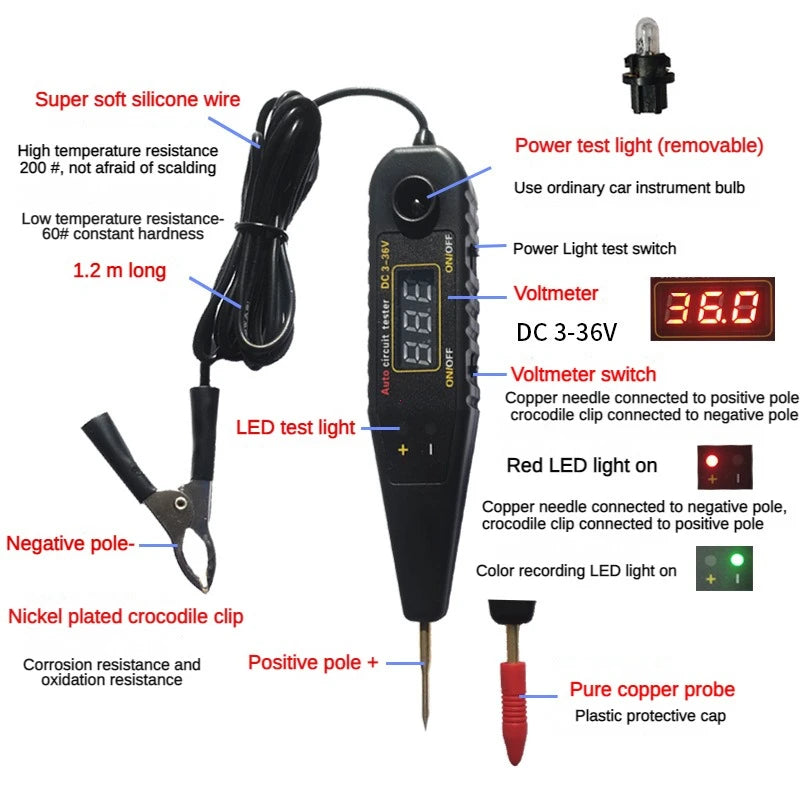 Veículo Sensor de Pulso Sinal LED Light Testing Pen Probe, Carro Poder Voltímetro, Auto Circuito Tester, Ferramenta de Diagnóstico, DC 0-36V