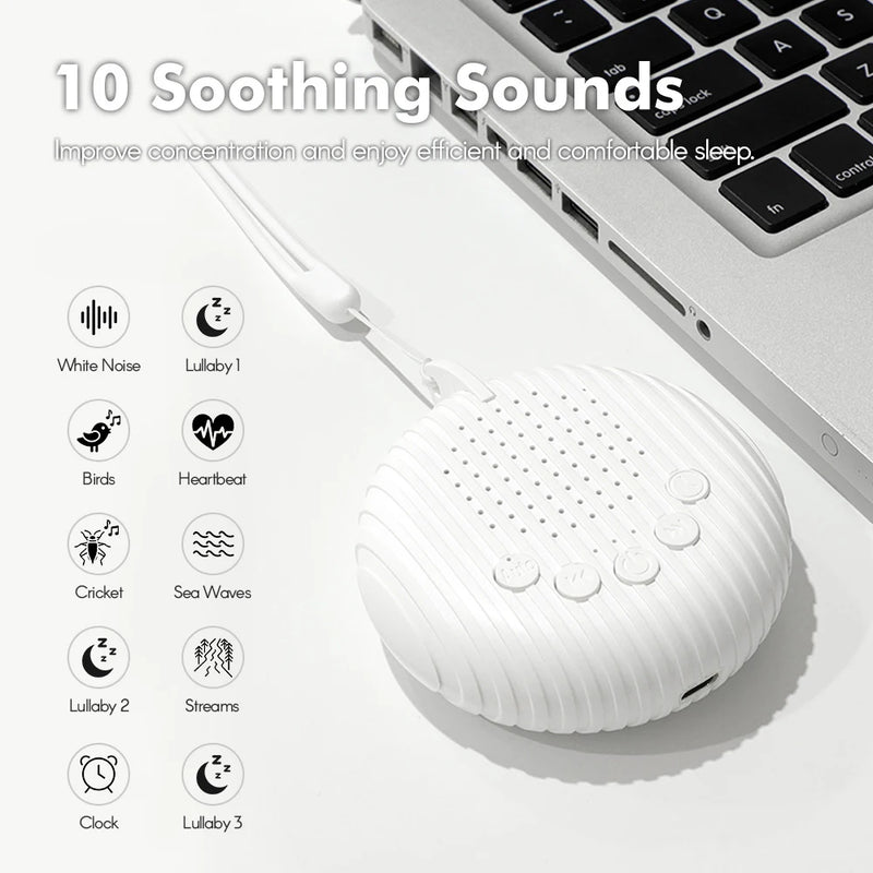 Máquina de som de ruído branco para bebê, Sons calmantes de sono portáteis, Volume ajustável, Bateria recarregável embutida, USB, 10 calmante