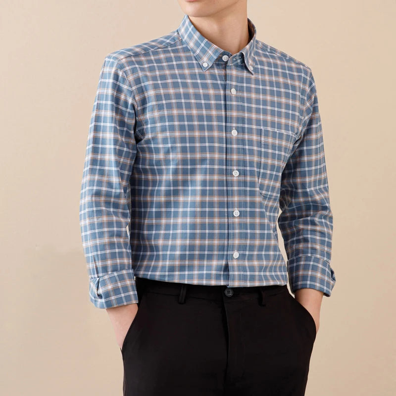 Camisa Oxford de manga comprida masculina, 100% algodão, quadriculada listrada, Oxford, remendo frontal, bolso no peito, abotoado, Versátil, Casual