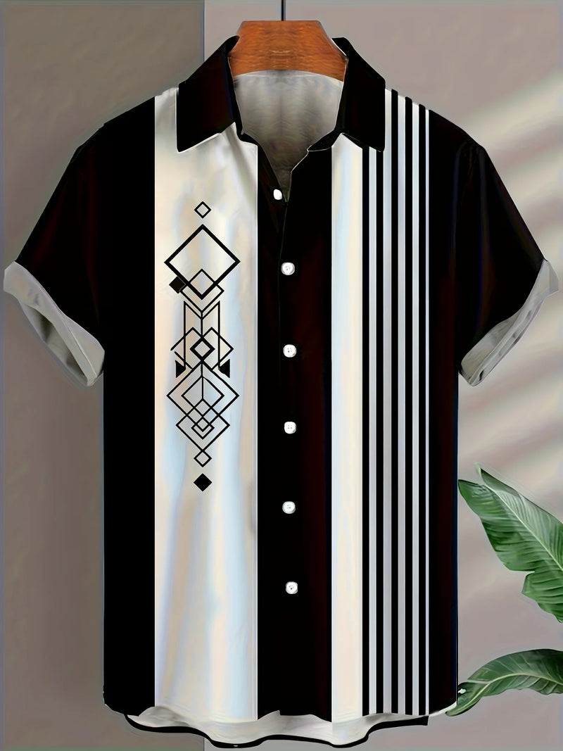 Camisa casual masculina de verão todos os dias, camisa de manga curta de moda de rua com estampa geométrica de lapela masculina de manga curta