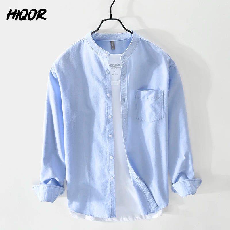 Hiqor camisa masculina 100% algodão all-match manga longa topos 2024 primavera verão camisas de cor sólida homem blusas casuais streetwear masculino