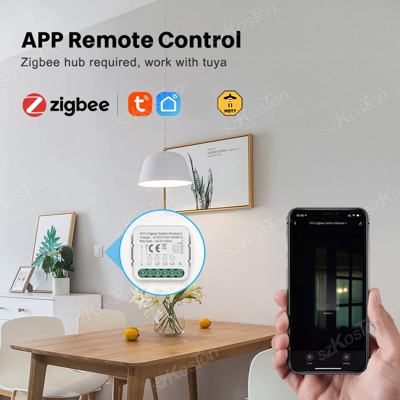 Tuya Zigbee Smart Mini Switch Módulo Relé, sem fio neutro, 2 Way Control, 1, 2, 3, 4 Gang, funciona com Alexa, Google Home, Zigbee2mqtt