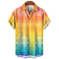 Camisa xadrez colorida masculina arco-íris havaiana, moda 3D extragrande, manga curta casual, roupa de praia de botão simples, verão