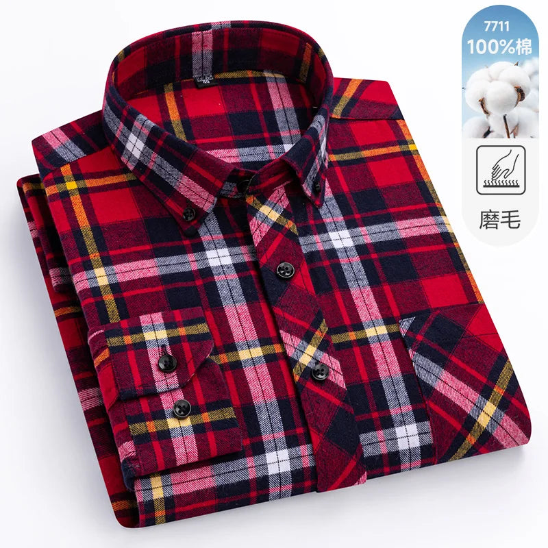 Camisa xadrez de manga longa masculina, 100% puro algodão, flanela, macia, regular-fit, escovada, bolso único, confortável, casual, S-8XL