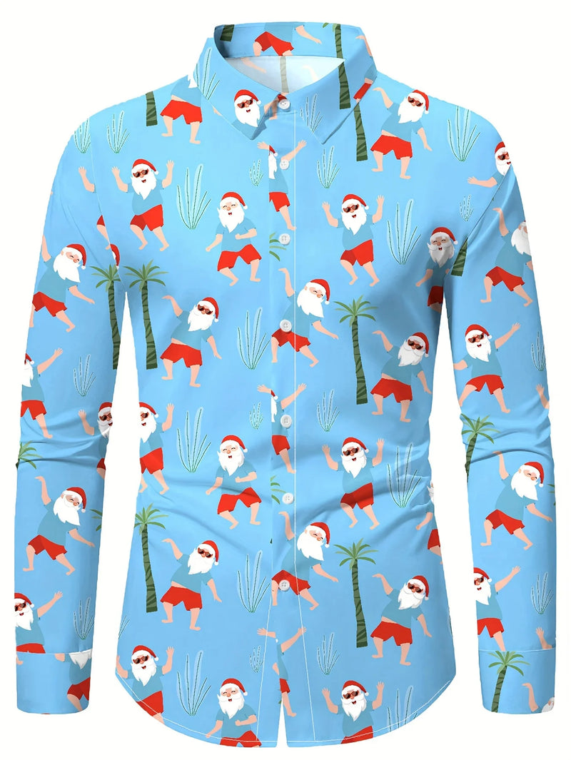 Tema do festival de natal masculino 3d impresso camisas formais árvore de natal papai noel gráfico camisa de manga longa moda masculina